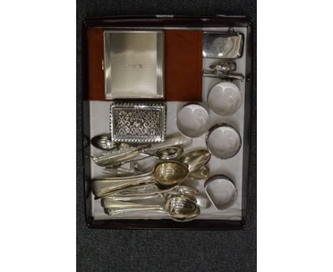A silver cigarette case, a vesta case, embossed silver snuff box, napkin rings and other items.