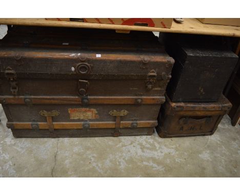 Large trunk, leather case and a wooden box containing miscellaneous items.