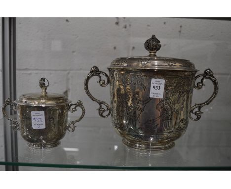 A good large twin handled trophy cup and cover, the body with engraved figures in a landscape, presented for the 40th 7575 MP