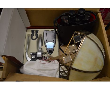 A pair of binoculars, lamp shade, cork screw set etc.