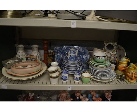 Shelf of decorative china to include onion pattern, Spode blue and white etc.