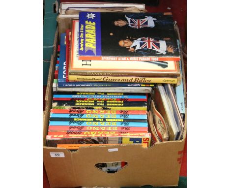A box of books and gramophone records to include Lonnie Donagone and Beano annuals also guna and hunting hardback copies.