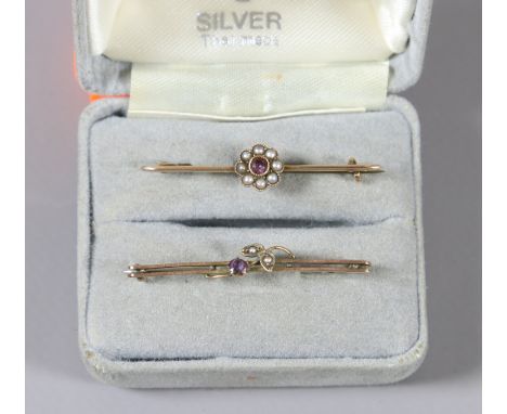 Two 9 carat gold bar brooches set with seed pearls and amethyst. 