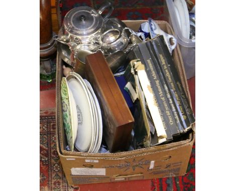A box of miscellaneous to include blue and white china, Crown Devon, silver plated wares, Royal Worcester, British Leyland ca
