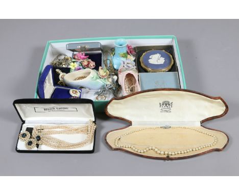 A box of mixed costume jewellery including simulated pearls, turquoise and ceramic shoes etc.