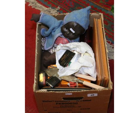 A box of collectables including a jointed doll, ruby glass vase, coins and coal board interest.