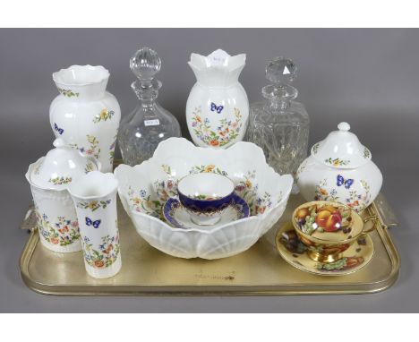 A tray lot of collectables; Aynsley cottage garden ceramics, two cut glass decanters and two decorative cabinet cups and sauc