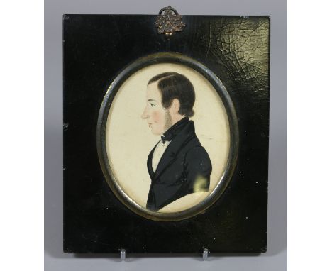 A Victorian watercolour portrait miniature of a gentleman in gilt and ebonized frame. 