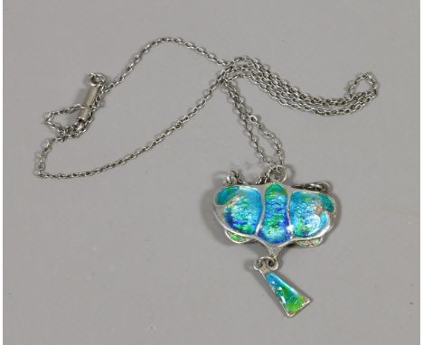 An Art Nouveau silver and enamel pendant on chain in the manner of Charles Horner. Unmarked.  Condition Report. To be used as