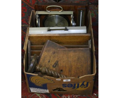 A box of various early C20th gentleman's ephemera to include barometer, letter slide tantalus etc.