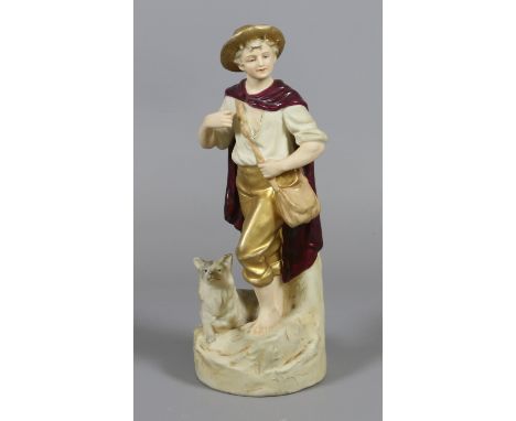 A Royal Dux figure depicting a shepherd and dog with gilt and enamel decoration with applied triangle and printed marks.