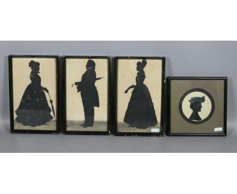 Four Victorian framed portrait silhouettes; three ladies and a gentleman.  