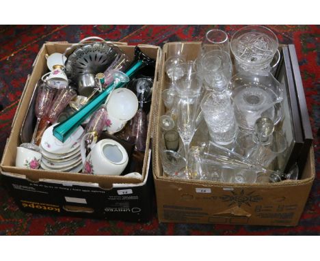 Two boxes of metalwares, ceramics and glass to include fluted champagne glasses, cut glass Whisky glass, part Polish tea serv