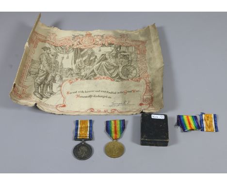 A World War I Duo; War and Victory medals awarded to; DM2 - 190970 P.T.E. J. R. Clarke A. S. C. along with his honourable dis