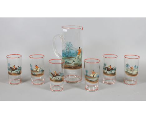 A vintage lemonade jug and set of six glasses, hand painted with hunting scenes.