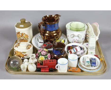 A tray of collectables to include crested ware, Sylvac, Hammersley, Royal Worcester and die cast model cars. 