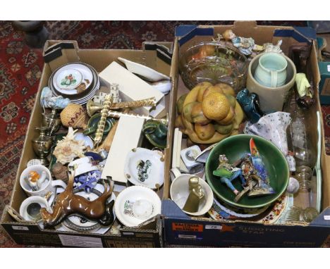Two boxes of mixed collectables to include a glass ship in a bottle and a Poole pottery example.