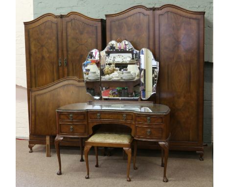 A C20th walnut five piece bedroom suite, comprising double wardrobe, gentleman's fitted wardrobe, triple mirror dressing tabl