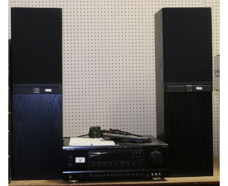 A Sherwood audio visual amplifier with remote control and full instructions, along with a pair of Mordant short M25 floor sta