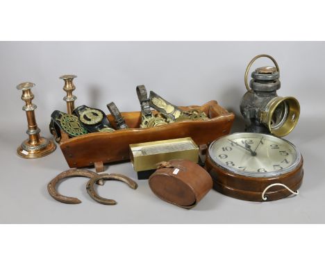 A lot of collectables including a brass mounted railway signalling lamp by Eli Griffiths & Sons, a pair of telescopic copper 