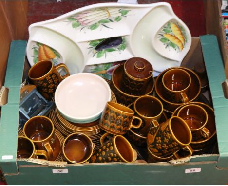 A box containing; Hornsea tea/dinner service including plates, cups, bowls etc mainly Heirloom pattern, along with a hand pai