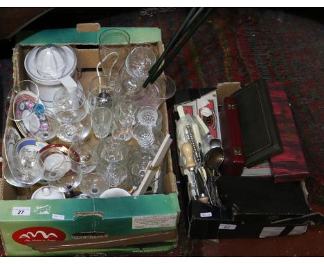 Two boxes of miscellaneous vessels, ceramics and boxed EPNS cutlery to include Ringtons and Royal Worcester.