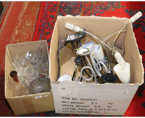 Two boxes to include light fittings and assorted glass including advertising and lead crystal examples.