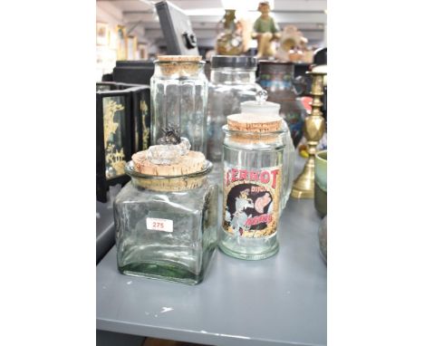 A vintage Terrot glass pasta jar with cork cover, h21cm, sold together with 4 other glass jars and a candleholder, (6)