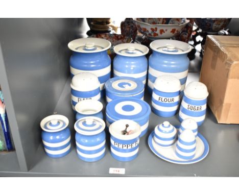 A set of blue and white T.G.Green &amp; Co Cornish kitchen ware, to include sugar and flour shaker ect, (16)