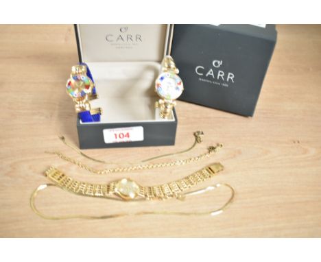 A group of three wristwatches, two having cuff bracelet straps and one being a Sekonda, with a neck chain and two bracelets