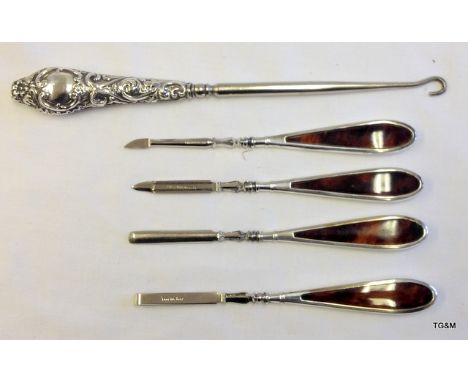 4 x Chester Hallmarked silver &amp; tortoiseshell manicure tools and a large silver buttin hook