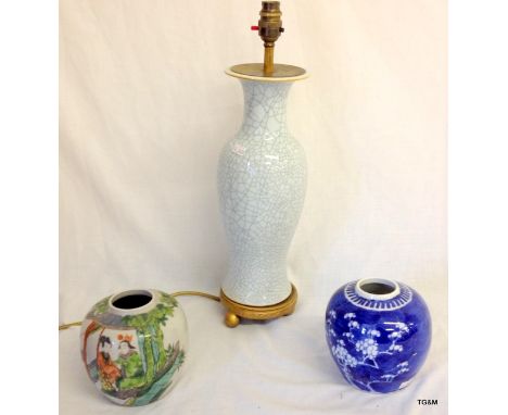 Two Chinese ginger jars and an Oriental crackle glaze lamp