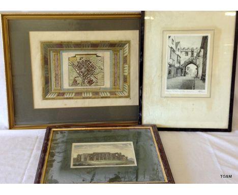 A print of Salisbury, a photograph of Salisbury cathedral gate and print of Malmesbury Abbey