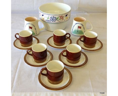 A hand painted Poole Pottery planter 2 cups and part coffee set