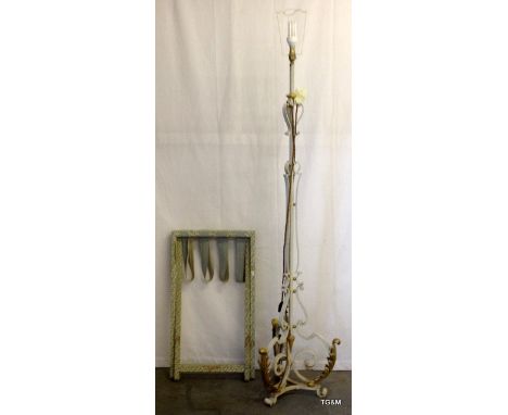 A White painted and gilt wrought iron standard lamp and a cross framed folding tray stand