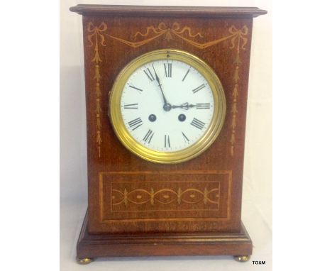 An Edwardian Mahogany inlaid 8 day striking mantle clock complete with key h 33 x w 23 x d 14cm
&nbsp;