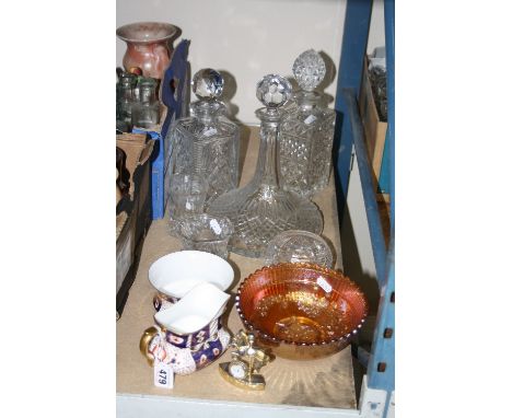 A SMALL GROUP OF CERAMICS AND GLASS, to include Carltonware Imari milk jug, sugar, three decanters, Carnival bowl, novelty ti