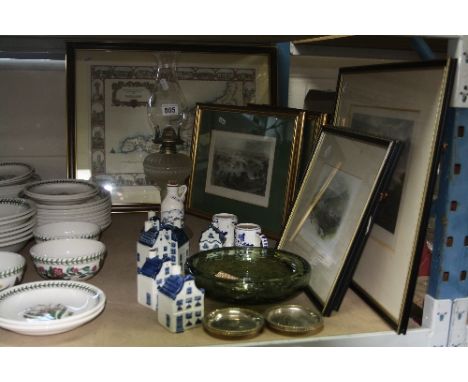 A SMALL GLASS OIL LAMP, various pictures, Delft items, glass bowl etc