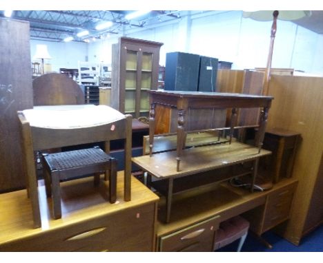 A TEAK COFFEE TABLE, with undershelf, another coffee table, three various stools, standard lamp with shade and a sewing box (