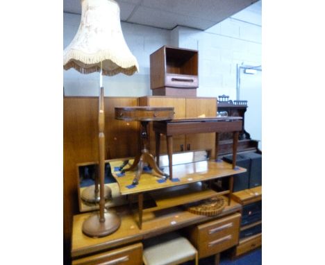 A TEAK COFFEE TABLE WITH UNDERSHELF,  drum table, standard lamp with shade, etc (4)