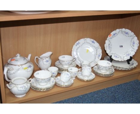 ROYAL CROWN DERBY 'DELPHINE' TEA/COFFEE WARES, (mostly seconds), to include teapot, milk, sugar (no lid), four cake plates, o