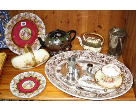 VARIOUS CERAMICS AND PLATED ITEMS, to include Wedgwood teapot, Hammersley cup, saucer and basket, fruit decorated by D. Milli