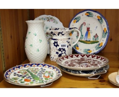 SEVEN CERAMIC ITEMS, to include Masons 'Mandarin' jug, height approximately 16cm, Belleek 'Kylemore' vase, height approximate