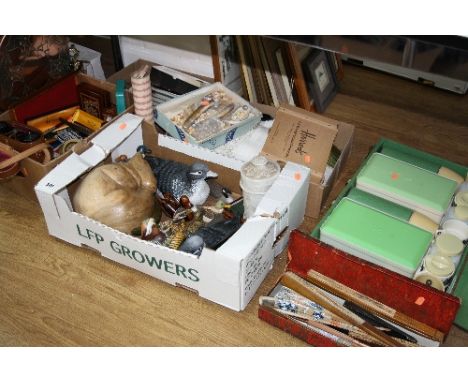 FIVE BOXES AND LOOSE SUNDRY ITEMS, to include Krauss binoculars, pens, clocks, Sirram picnic set, cutlery, fans, wooden Ducks