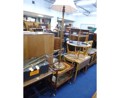A HARDWOOD TWO TIER TEA TROLLEY, standard lamp with shade and a tray (3)