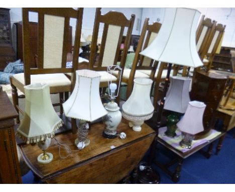 A MODERN STANDARD LAMP, with shade and six various table lamps (one without a shade) (7)