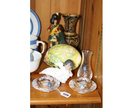A LLADRO ANGEL, a pair of Royal Copenhagen glass candleholders, an Ostrich egg depicting Africa, a 'Dewar's Scotch Whisky' ad