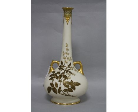 A ROYAL WORCESTER TWIN HANDLED BOTTLE VASE, gilt foliage decoration on cream ground, impressed '943' and backstamp, height ap