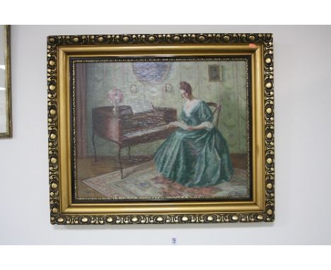 GYULA GLATTER ?, maiden playing piano, oil on panel, signed lower left, approximately 52.5cm x 66cm