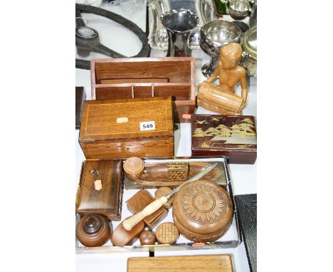 AN INALID TEA CADDY, on four claw feet (three loose), together with other treen and lacquered items etc